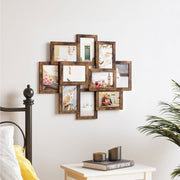 Rustic brown collage frame hung on a bedroom wall beside a bed