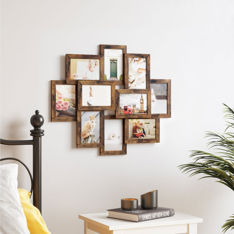 Rustic brown collage frame hung on a bedroom wall beside a bed