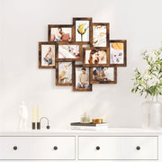 Collage picture frame above a white sideboard in a living room