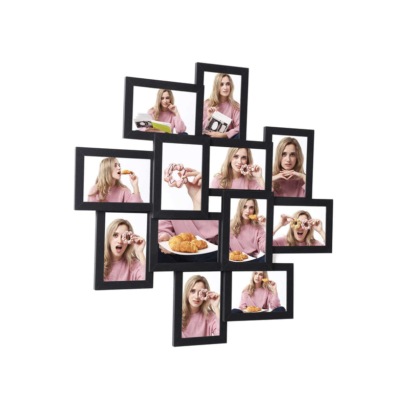 Black 12 photo collage picture frame shown flat against a white background