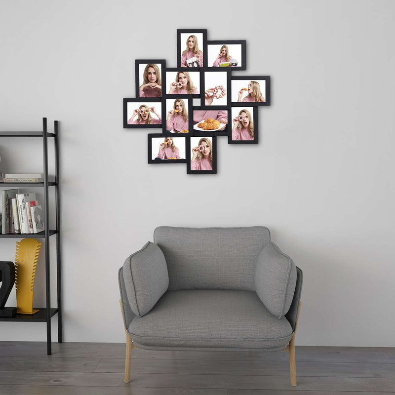 Black collage frame on a white living room wall beside a grey armchair