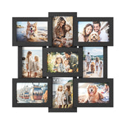 Black collage picture frame holding 9 family photos on a white background