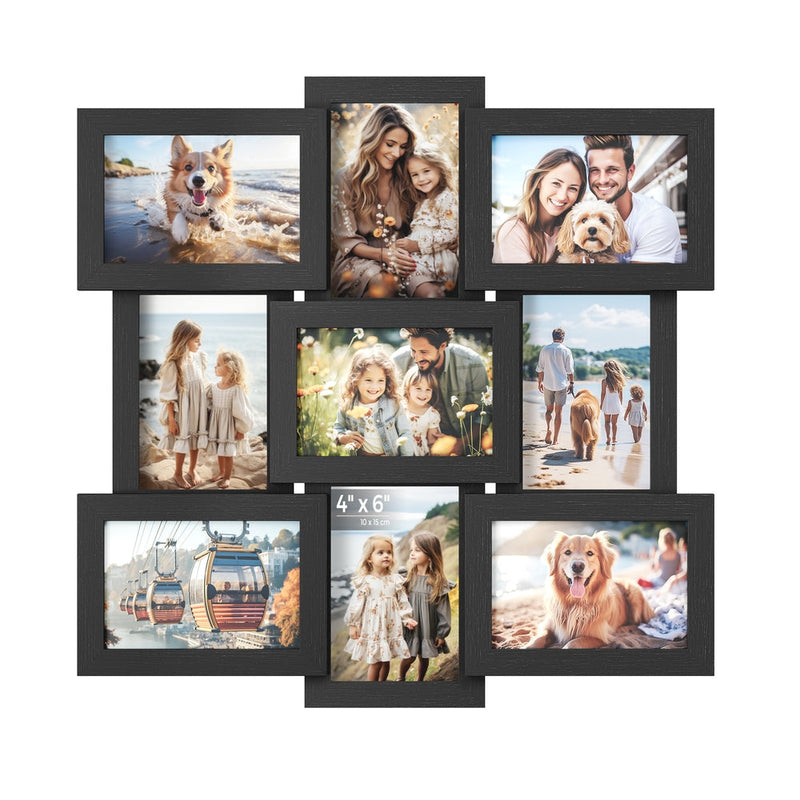 Black collage picture frame holding 9 family photos on a white background