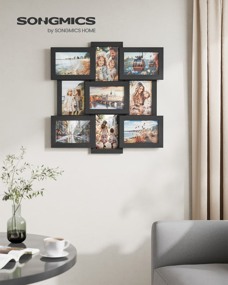 Black collage frame mounted on a living room wall above a table and vase