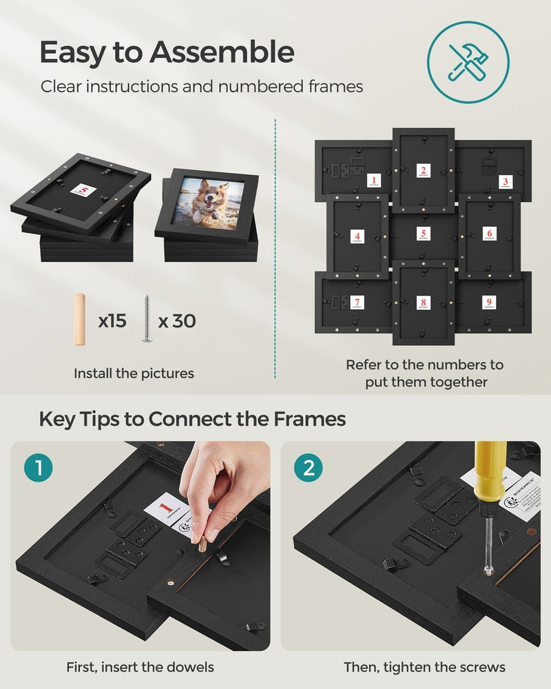 Assembly guide showing the numbered frames joined with 15 dowels and 30 screws