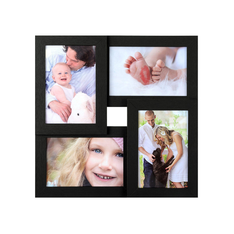 Black collage picture frame holding 4 photos in a staggered offset layout
