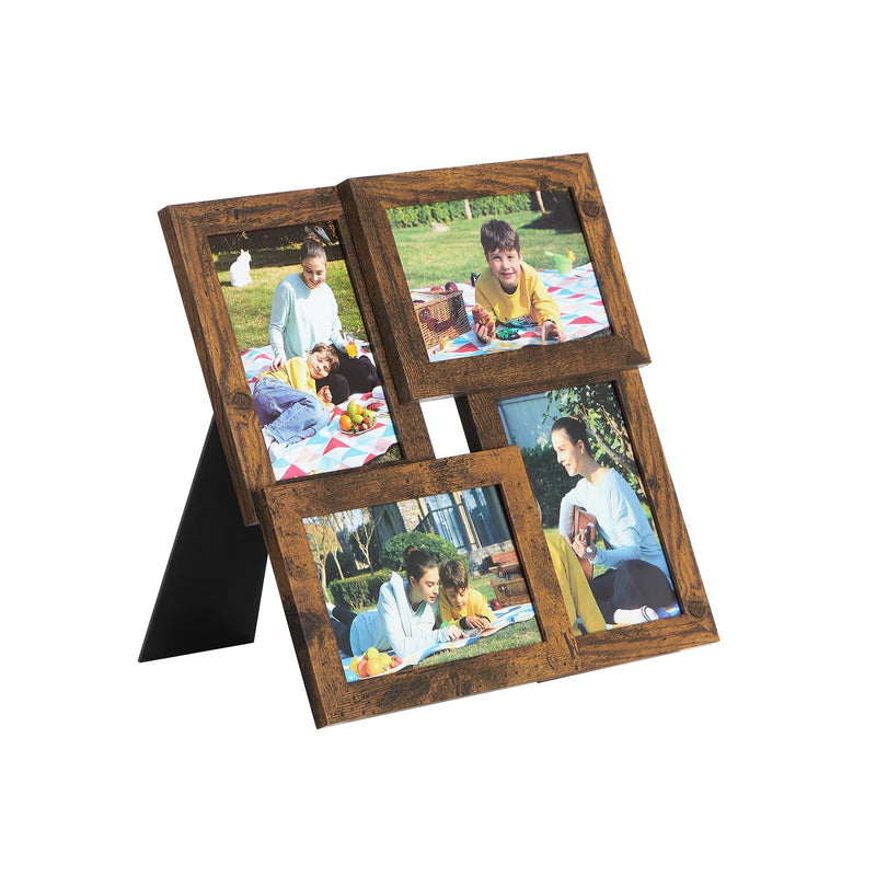Rustic brown collage picture frame standing upright on its fold-out back stand