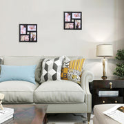 Two black collage frames hung on a wall above a cream sofa in a living room