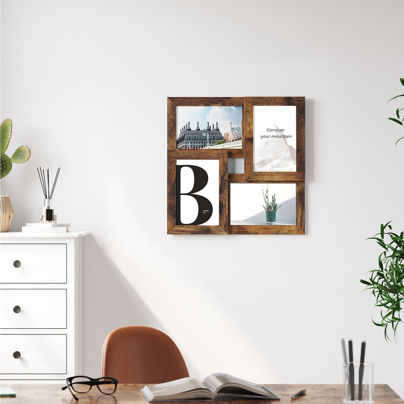 Rustic brown collage frame on a home office wall beside a white chest of drawers