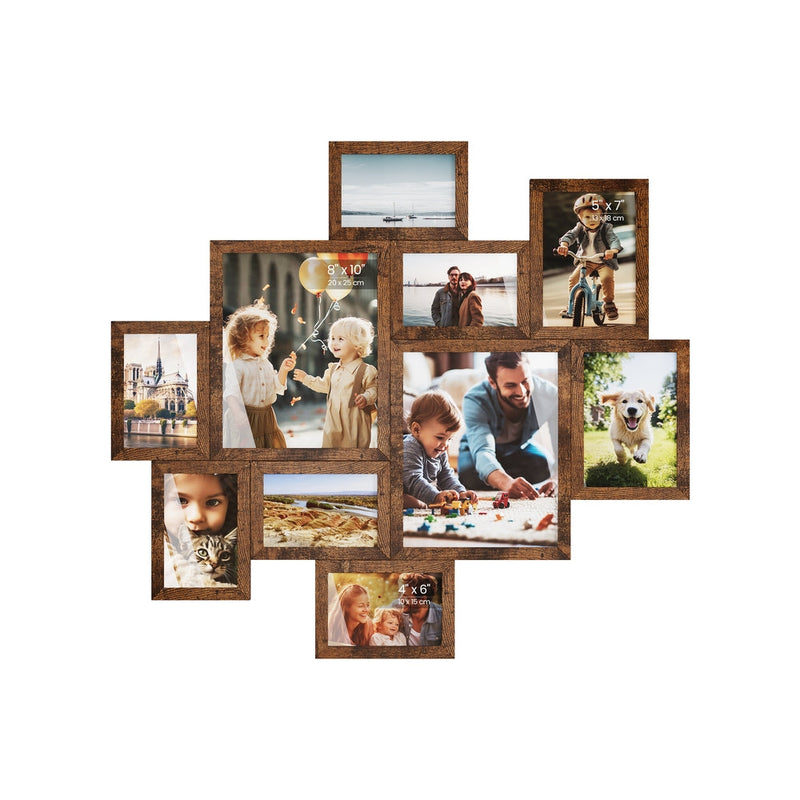 Rustic brown 10-frame collage set styled on a white wall showing photo size labels