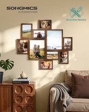 Rustic brown Songmics collage photo frames hung above a sofa in a living room