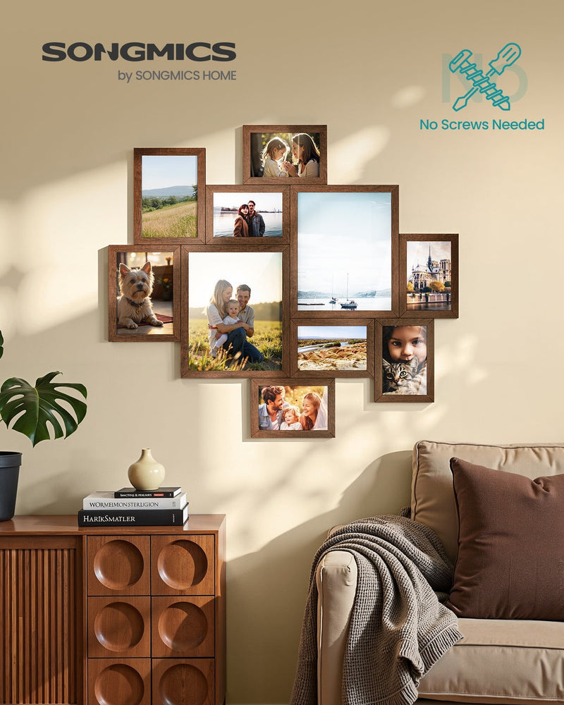Rustic brown Songmics collage photo frames hung above a sofa in a living room