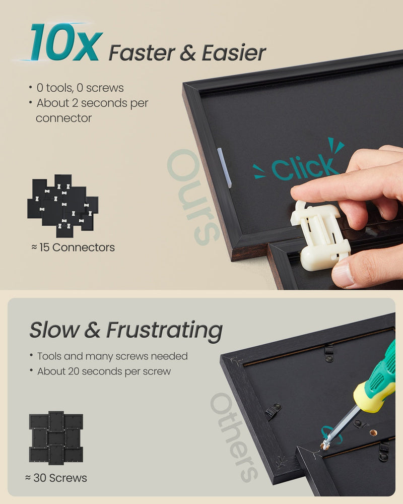 Comparison of tool-free snap connectors versus traditional screws for frame assembly