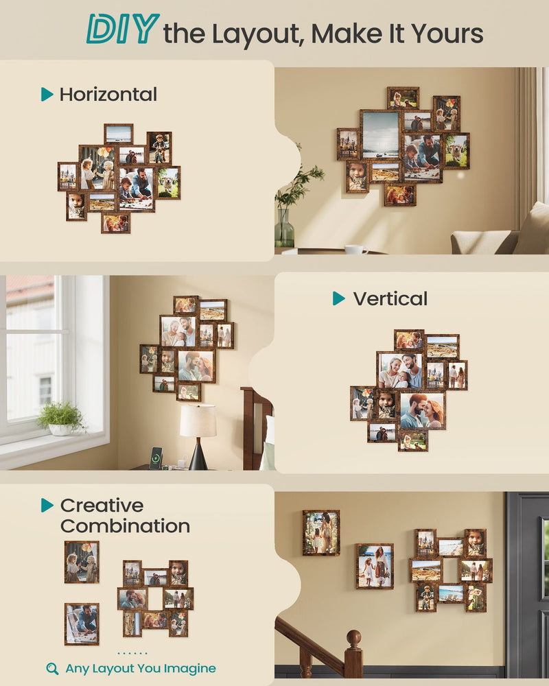 Three DIY layout options for arranging the 10-piece collage frame set