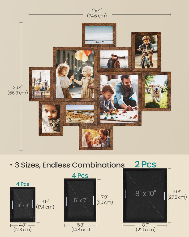 Dimensions diagram showing the 74.6 x 66.9 cm collage frame layout and individual frame sizes