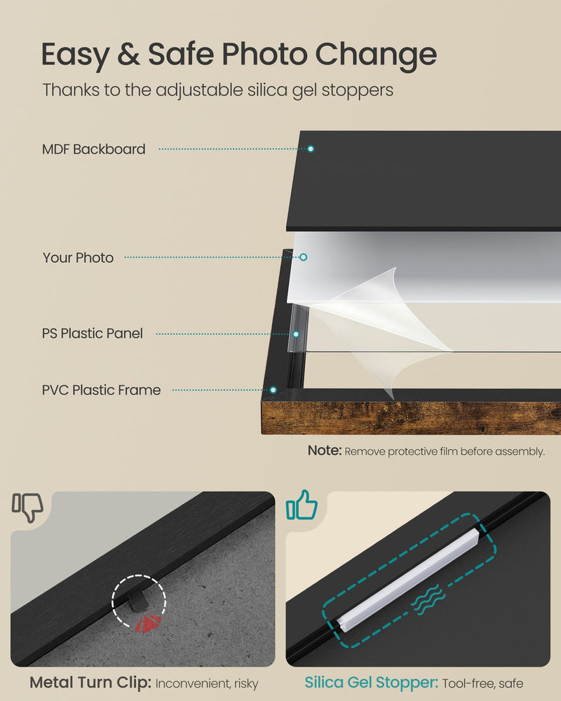 Cutaway diagram showing the MDF backboard, PS plastic panel and PVC frame layers