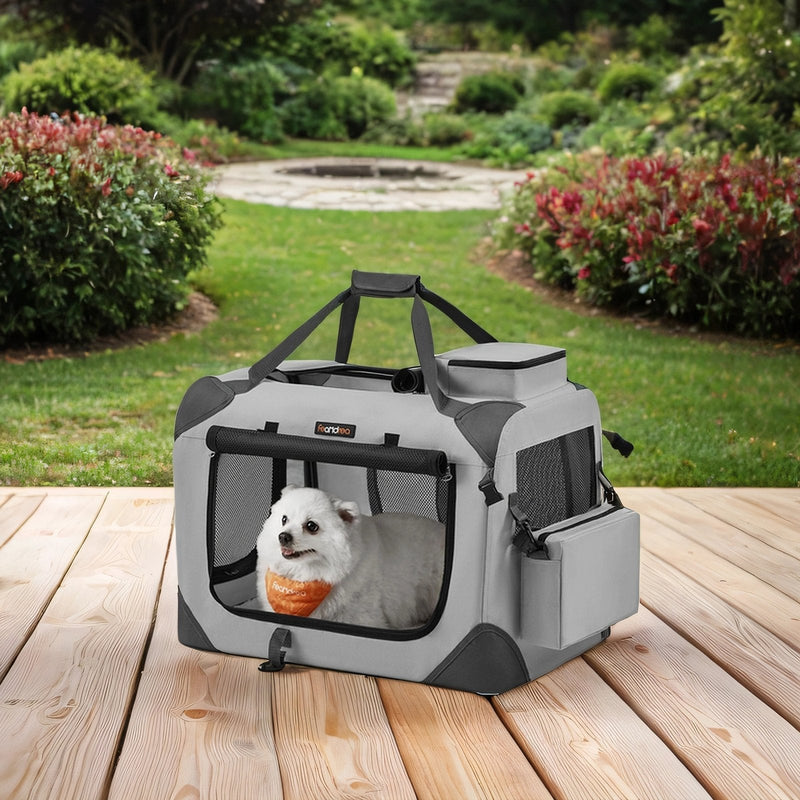 Feandrea collapsible dog crate in smoke grey, front view with door closed