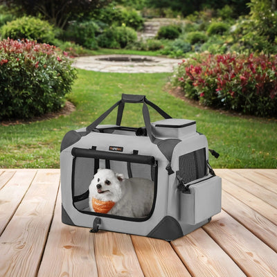 Feandrea collapsible dog crate in smoke grey, front view with door closed
