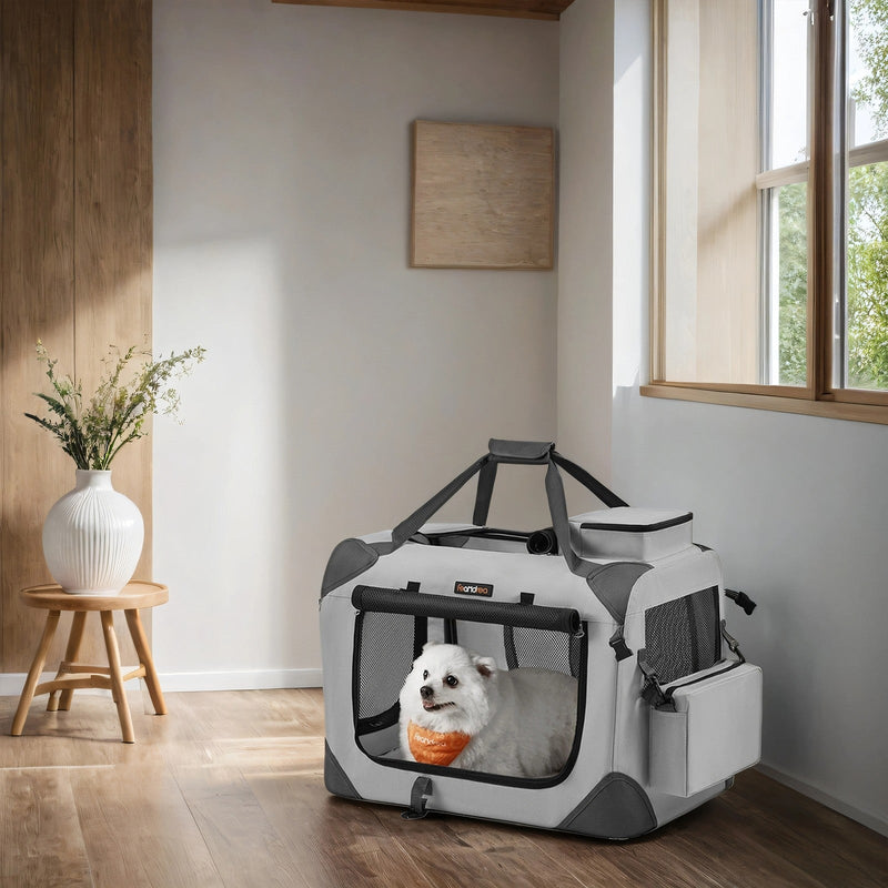 Feandrea dog crate with mesh door open showing washable mat inside