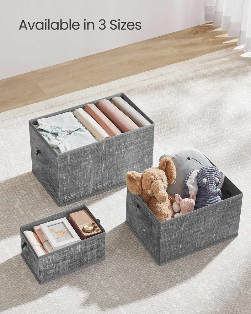 Cattail Grey storage boxes shown in a bedroom storage setting