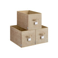 Three Sand Beige collapsible storage boxes stacked, showing carry handles and front label holders