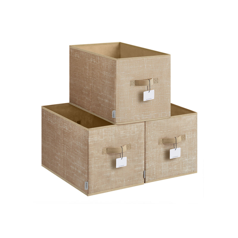 Three Sand Beige collapsible storage boxes stacked, showing carry handles and front label holders