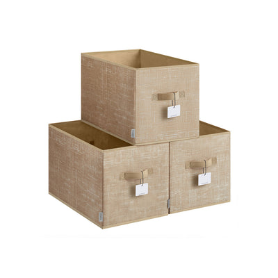 Three Sand Beige collapsible storage boxes stacked, showing carry handles and front label holders