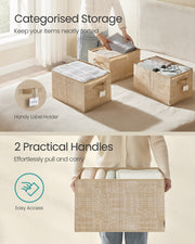 Front label holder and 2 carry handles shown as the boxes are packed in a bedroom