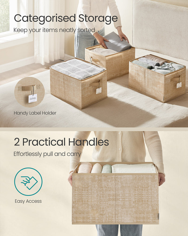 Front label holder and 2 carry handles shown as the boxes are packed in a bedroom