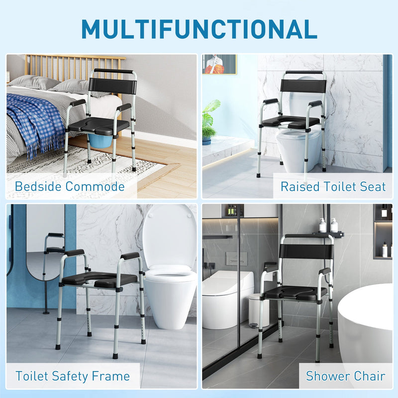 Multifunctional uses: bedside commode, raised toilet seat, toilet safety frame and shower chair