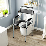 Commode chair positioned over a toilet as a raised toilet seat