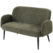Green velvet-feel 2 seater sofa with black tapered metal legs on a white background