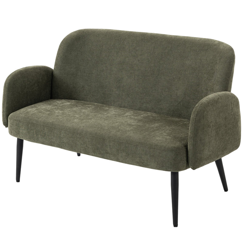 Green velvet-feel 2 seater sofa with black tapered metal legs on a white background