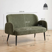 Dimensions diagram of the green 2 seater sofa showing width, height, seat size and 240 kg capacity