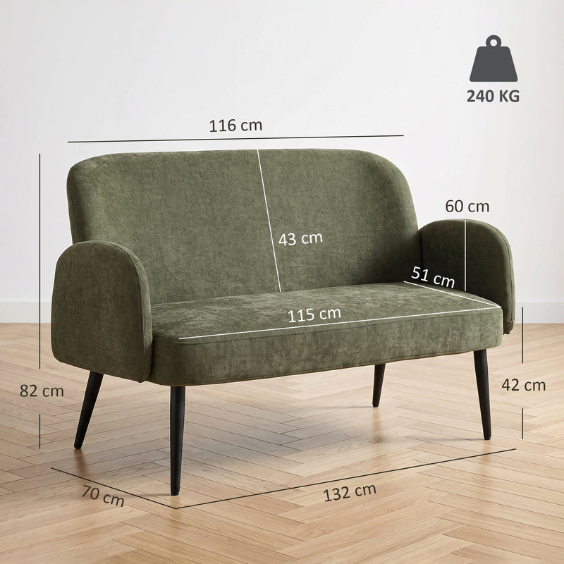 Dimensions diagram of the green 2 seater sofa showing width, height, seat size and 240 kg capacity