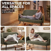 Collage of a woman resting, lying down and reading on the green sofa