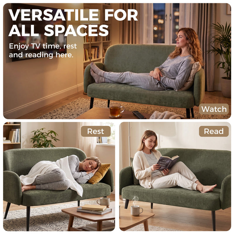 Collage of a woman resting, lying down and reading on the green sofa
