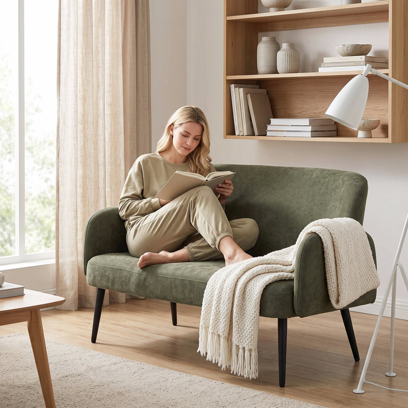 Woman reading on the green sofa with a throw blanket beside a bookshelf
