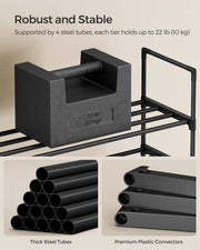 Close-up of the steel tube legs and plastic corner connectors with a 10 kg weight beside them