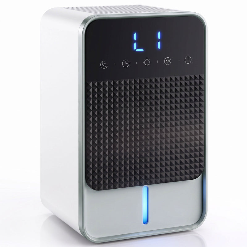 HOMCOM compact dehumidifier studio shot with black LED touch panel and RGB tank light