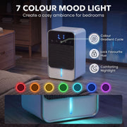 Infographic showing the 7-colour RGB mood light options in a bedroom setting