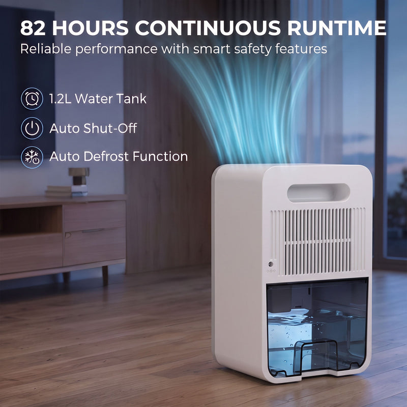 Infographic showing 82 hours continuous runtime, water tank and auto shut-off features