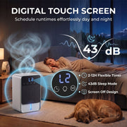 Infographic showing the digital touch screen and 43 decibel sleep mode beside a sleeping woman and dog