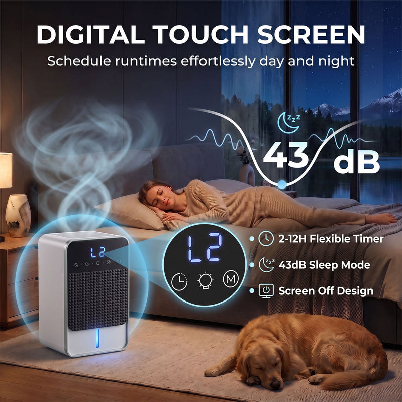 Infographic showing the digital touch screen and 43 decibel sleep mode beside a sleeping woman and dog