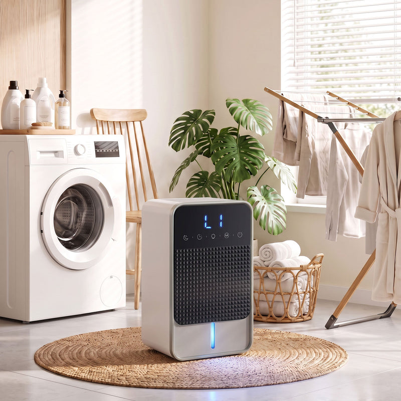 HOMCOM dehumidifier lifestyle shot in a laundry room beside a washing machine and drying rack