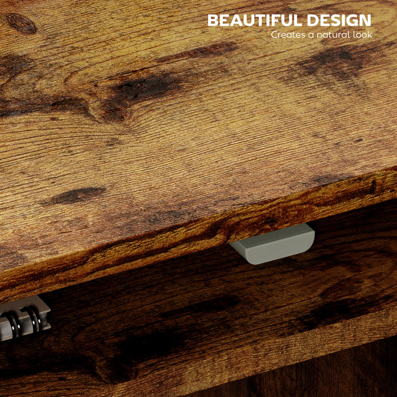 Close-up of the desk's storage shelf holding work essentials