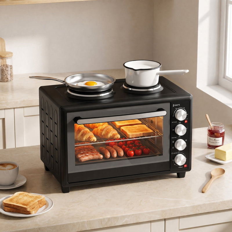 36L mini oven on a kitchen worktop with a fried egg pan and saucepan on the hotplates and breakfast cooking inside