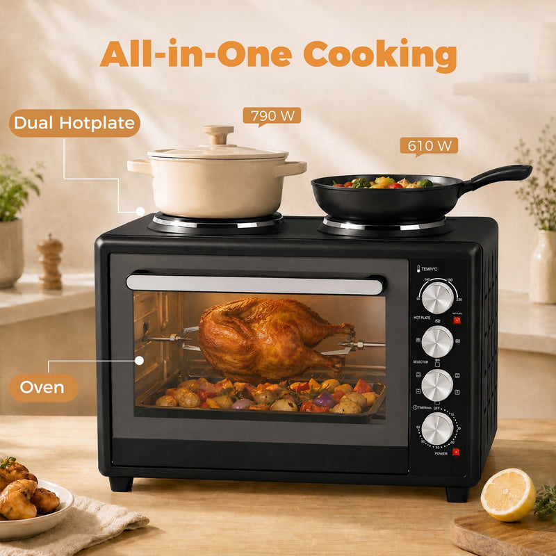 Feature graphic showing the 790 W and 610 W hotplates in use above a whole chicken roasting on the rotisserie spit