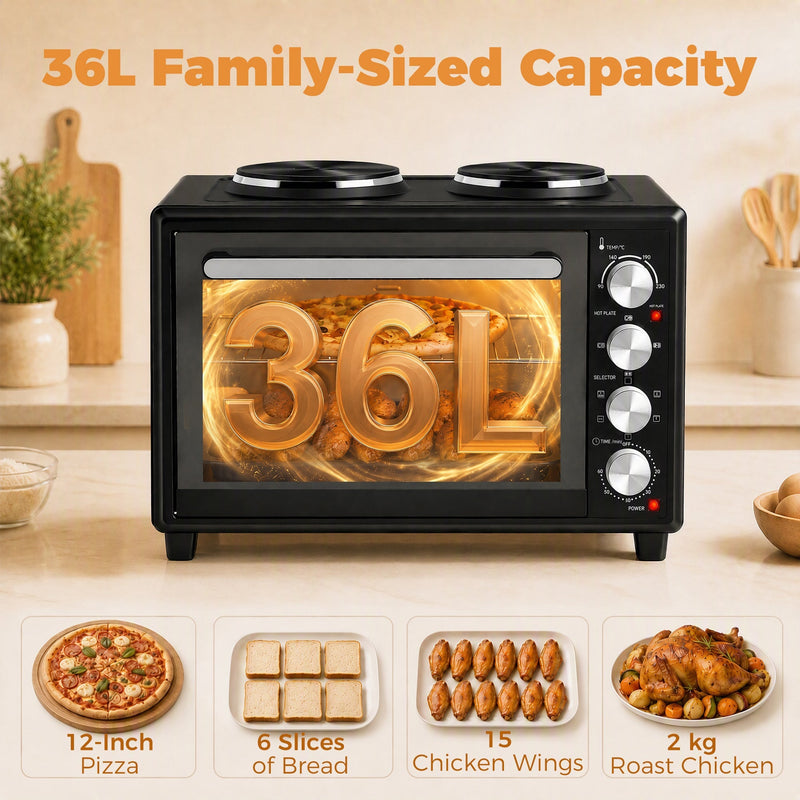 Capacity graphic showing the 36 litre cavity fits a 12-inch pizza, 6 slices of bread, 15 chicken wings or a 2 kg roast chicken