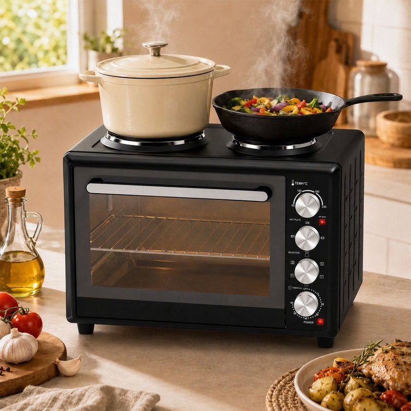 36L mini oven in a sunlit kitchen with a casserole pot and wok steaming on the two hotplates